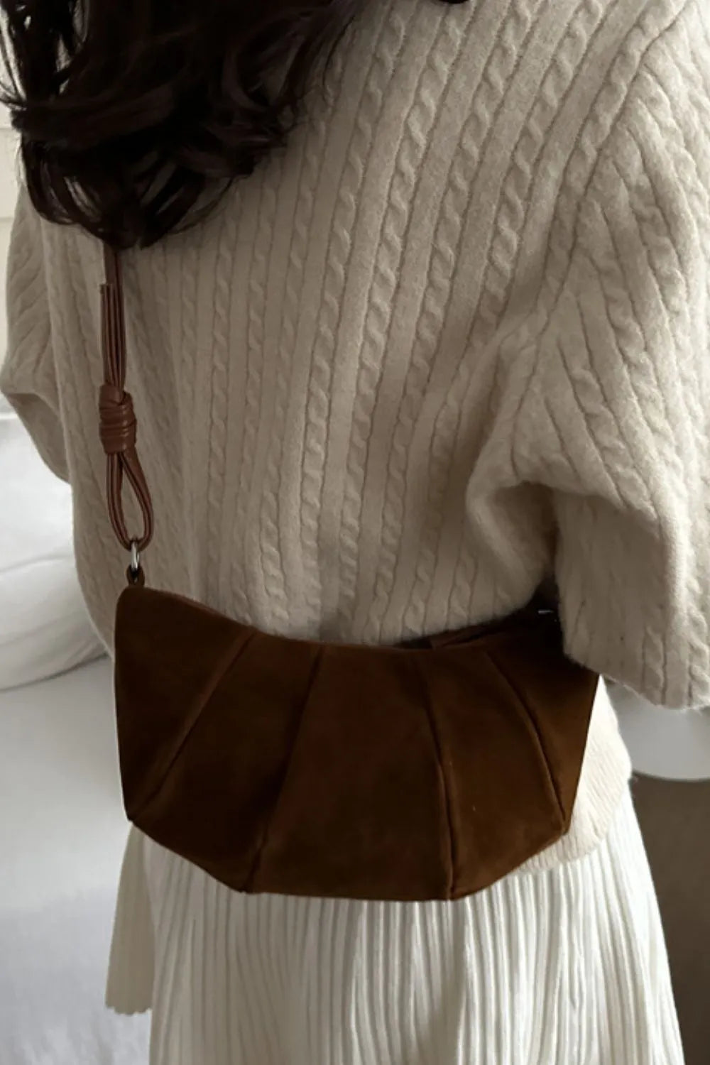 Suede Croissant Shoulder Bag Small Velvet Polyester Zip Strap Handbag 25.5cm