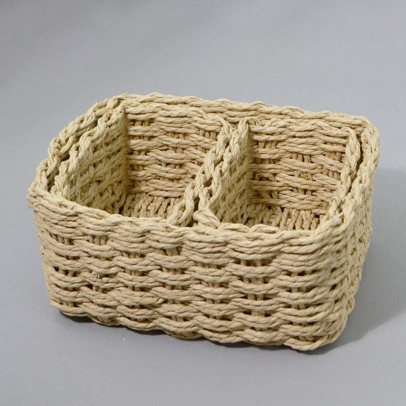3 Piece Straw Woven Paper Rope Storage Baskets Rectangular Two Compartment Set