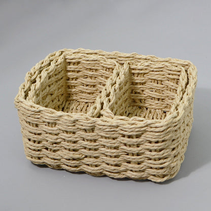 3 Piece Straw Woven Paper Rope Storage Baskets Rectangular Two Compartment Set