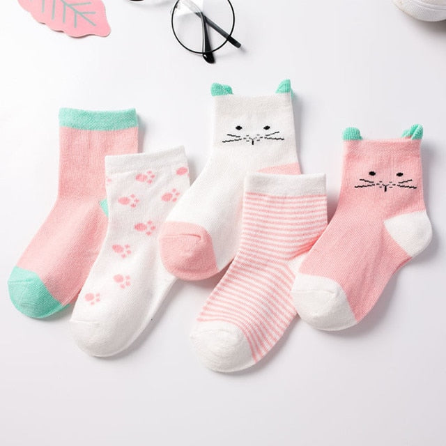 Kids Autumn Winter Cotton Socks 5 Pack Striped Cartoon Soft Warm Cosy Selection