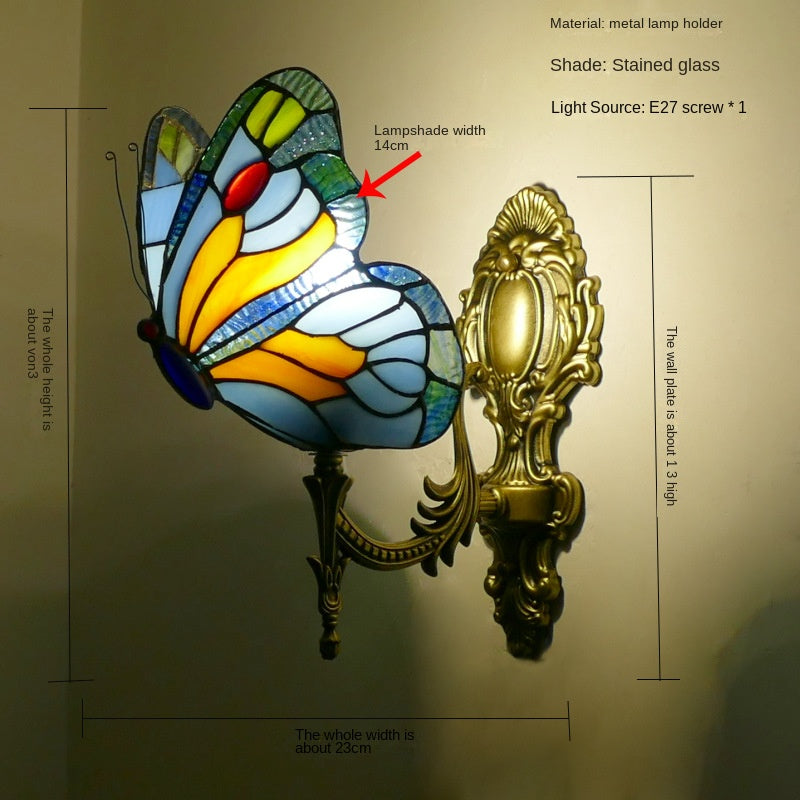 Home Butterfly LED Wall Lamp Stained Glass European Countryside Style Lighting
