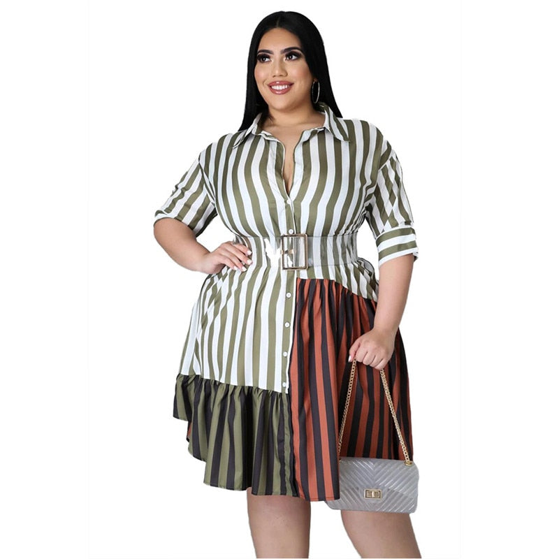 Plus Size Patchwork Striped Office Midi Dress Women's Streetwear Fashion