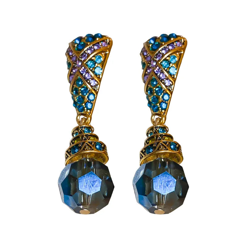 Vintage-Inspired Crystal Drop Earrings Geometric Blue Stone Dangle