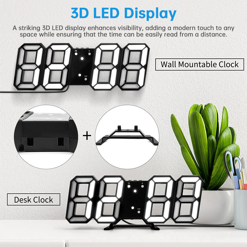 3D LED Digital Alarm Clock USB Charging 12/24 Hour Format Office Bedroom Kitchen