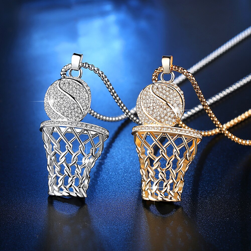 Men's Iced Out Crystal Basketball Pendant Necklace Gold Silver Hip Hop