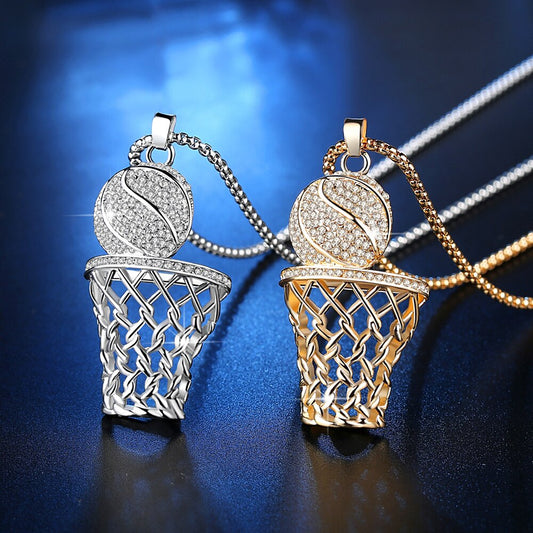 Men's Iced Out Crystal Basketball Pendant Necklace Gold Silver Hip Hop