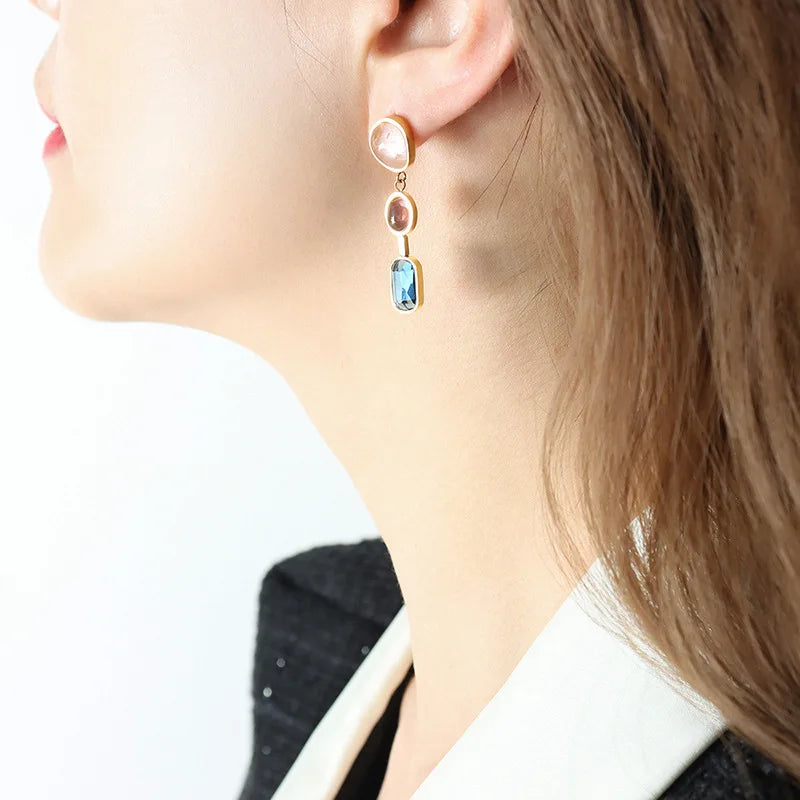 Contrasting Crystal Glass Stone Inlaid Earrings Elegant Design Chic Jewelry