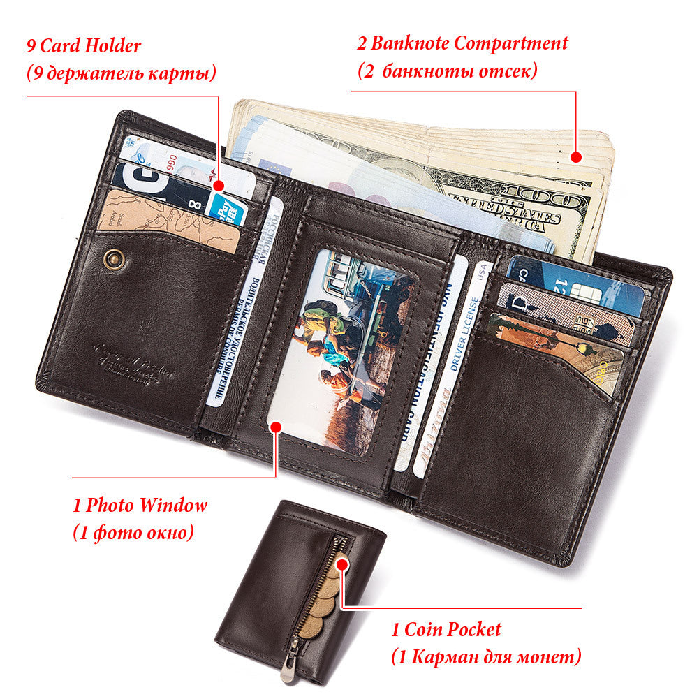 RFID Leather Wallet Men Coin Purse Zipper Multi Card Holder Secure Pocket Storage