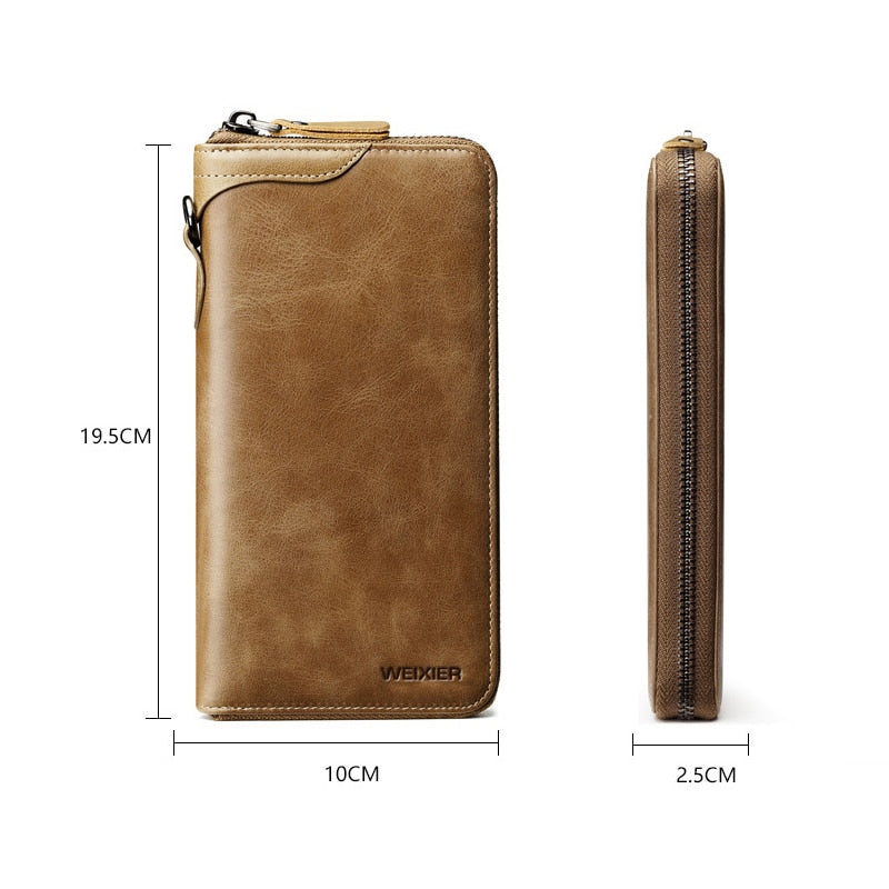Men's Vintage Long Style Split Leather Wallet Multiple Card Slots Secure Zip Closure