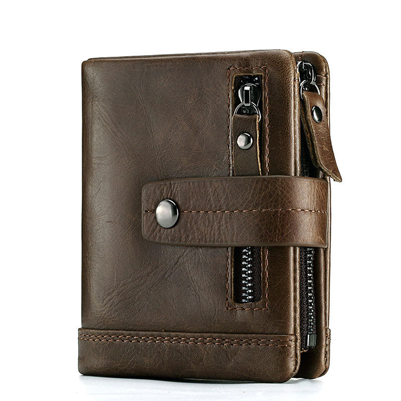 Men's Leather Wallet Multi-Card Zipper Buckle Cowhide Coin Purse Compact Design