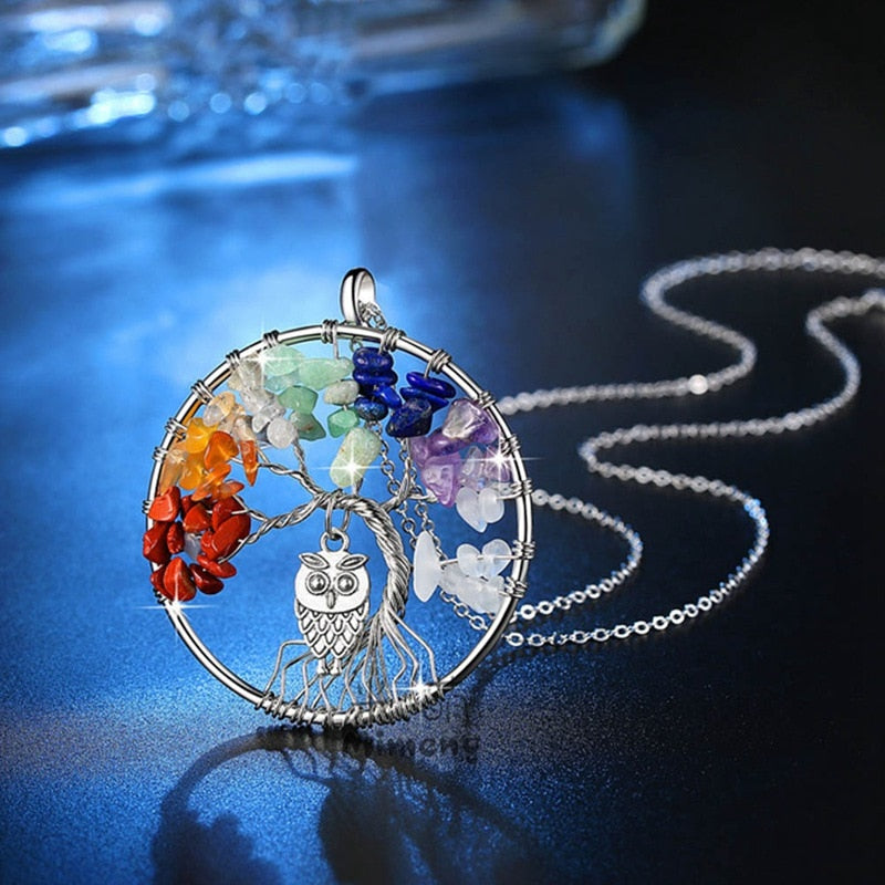 5CM Tree of Life Crystal Natural Stone Owl Dangle Pendant Necklace Gift Jewellery