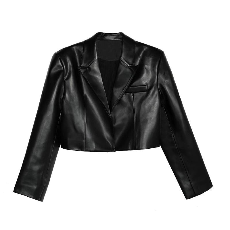Women's Black Cropped Leather Jacket Long Sleeve Urban Style Fashion Trend