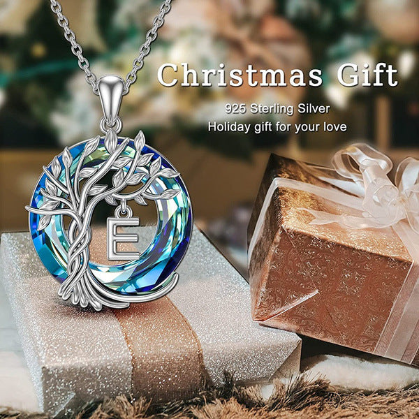 Initial Letter Tree of Life Blue Austrian Crystal Necklace Women's Jewellery