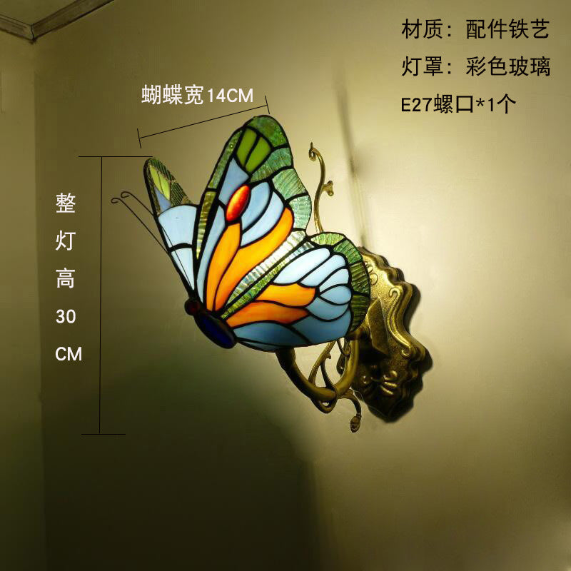 Home Butterfly LED Wall Lamp Stained Glass European Countryside Style Lighting