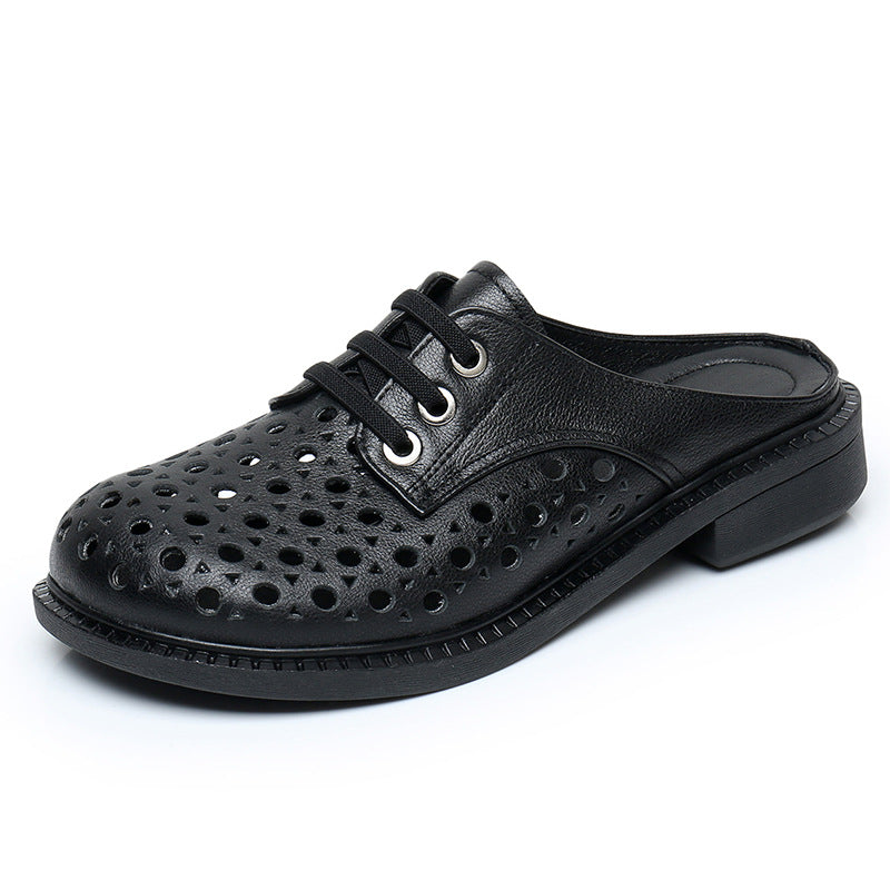 Women’s Leather Hollow-Out Sandals Flat Round Toe Slip-On Mule Shoes Summer