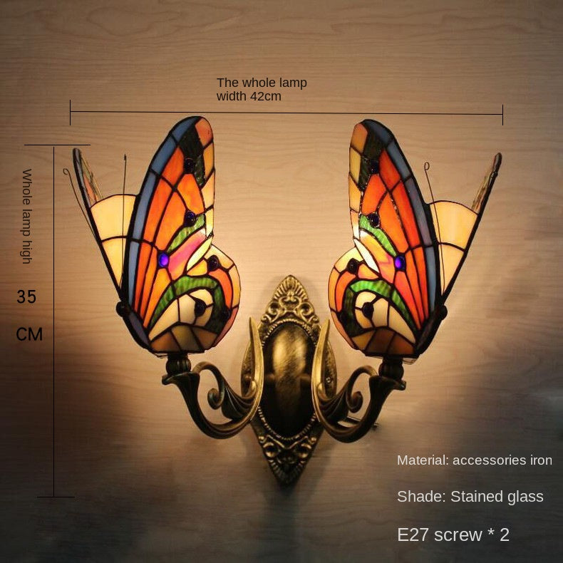 Home Butterfly LED Wall Lamp Stained Glass European Countryside Style Lighting