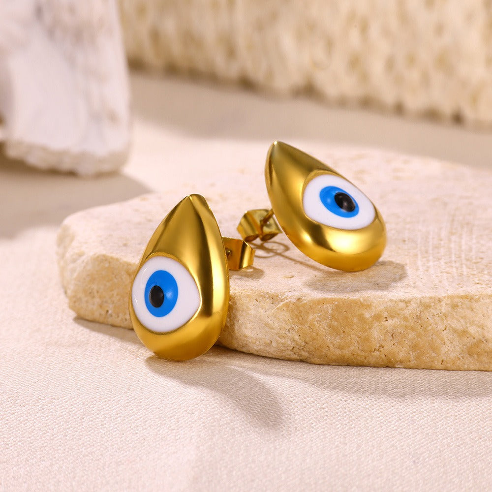 Gold Plated Stainless Steel Blue Evil Devil's Eye Stud Earrings Luck Karma