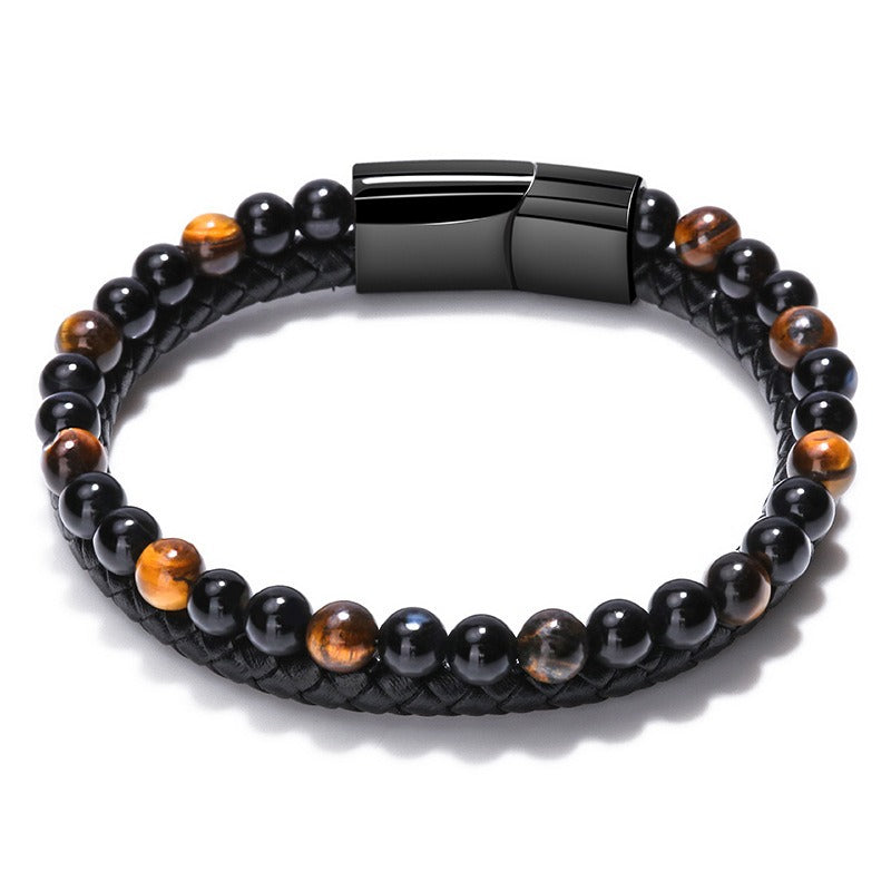 Volcanic Natural Stone Tiger Eye Beaded Bracelet Male Cowhide Rope Agate Handwear