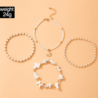 Set of 4 Beach Holiday Beaded Multi-layer Anklet Pearl Dangle Jewellery Womens