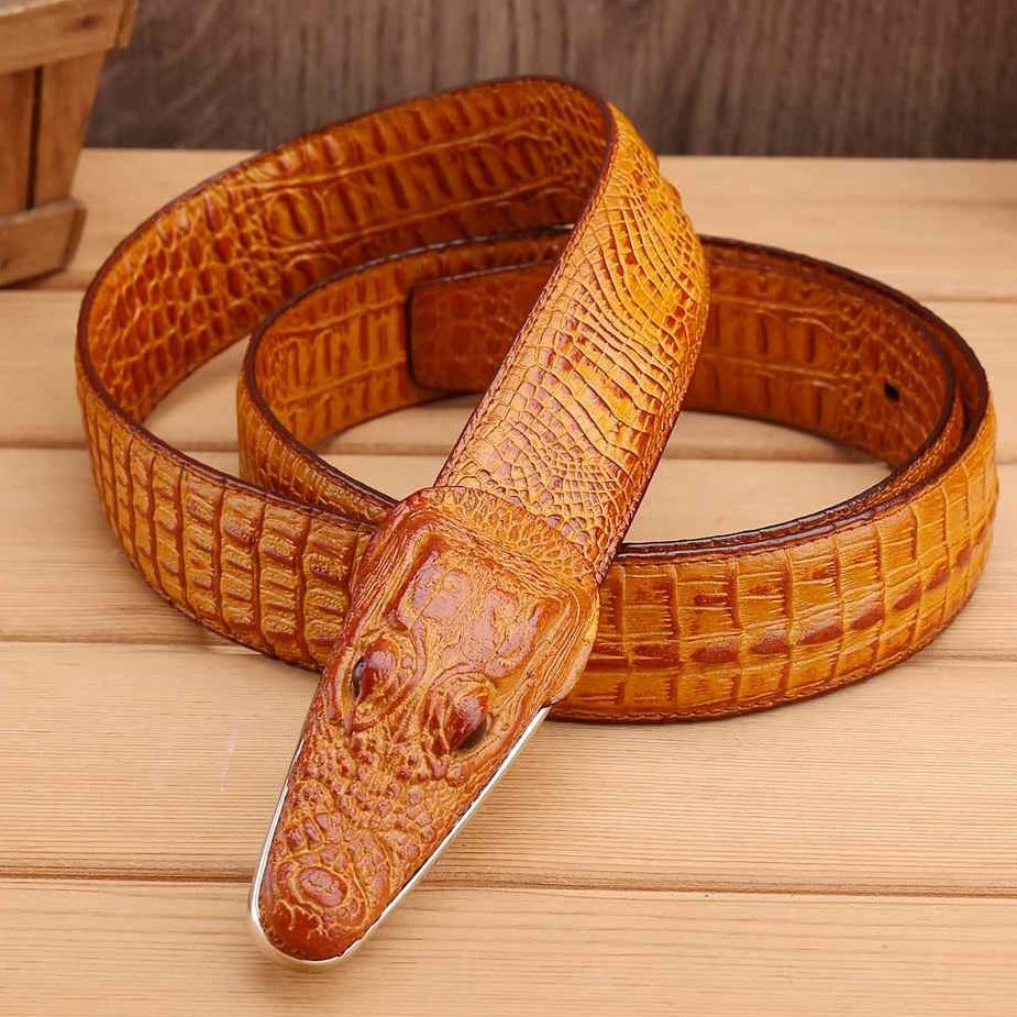Luxury Alligator Design Genuine Cowhide Leather Belt for Men with Alloy Buckle