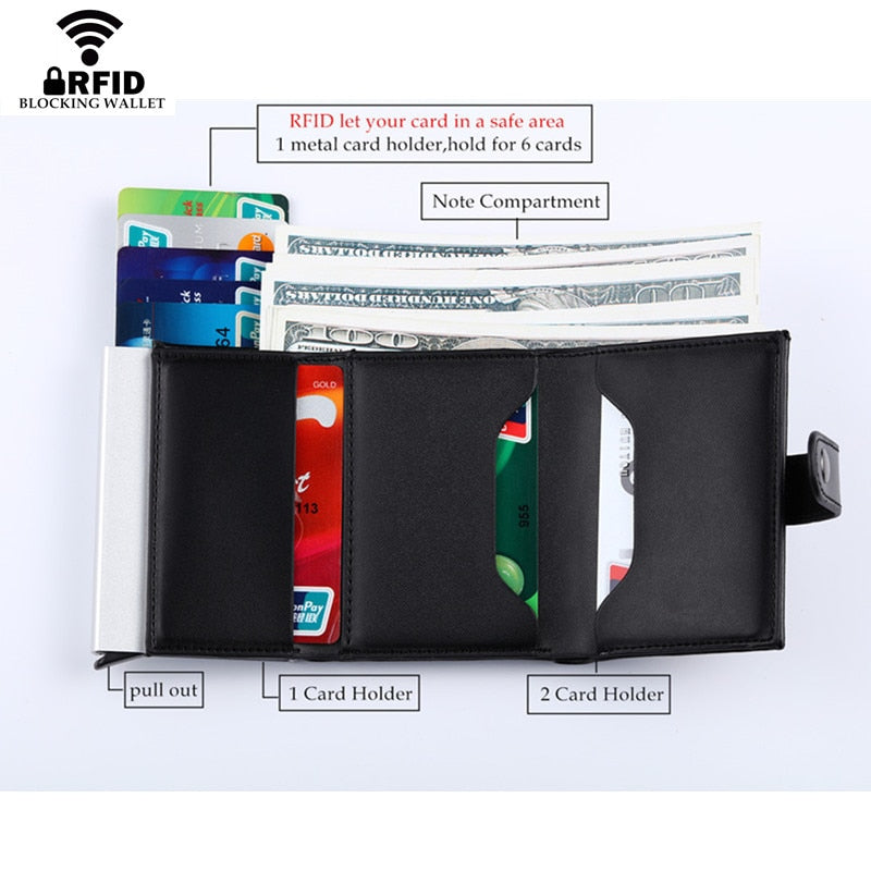 Genuine Leather RFID Card Holder Wallet for Men and Women with Metal Card Case