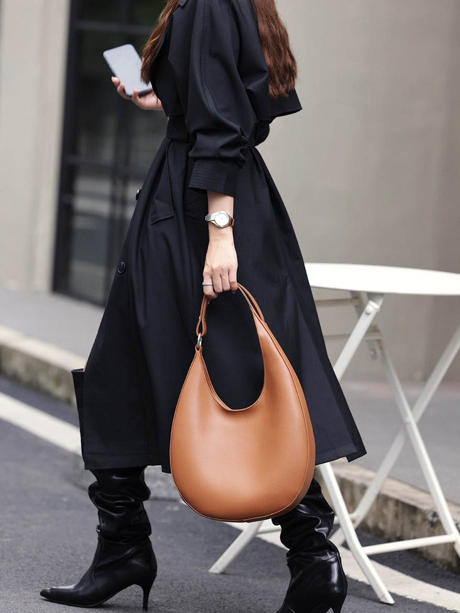 Genuine Leather Single Shoulder Bag Women's Crescent Shaped Crossbody Tote
