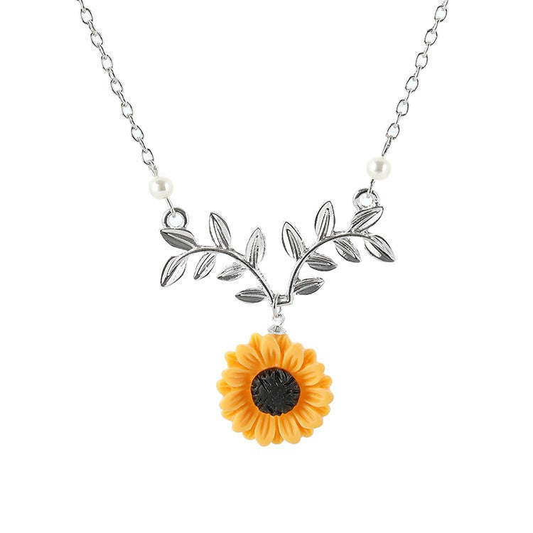 Silver Rose Gold Sunflower Floral Necklace Pearls Chain Jewellery Women
