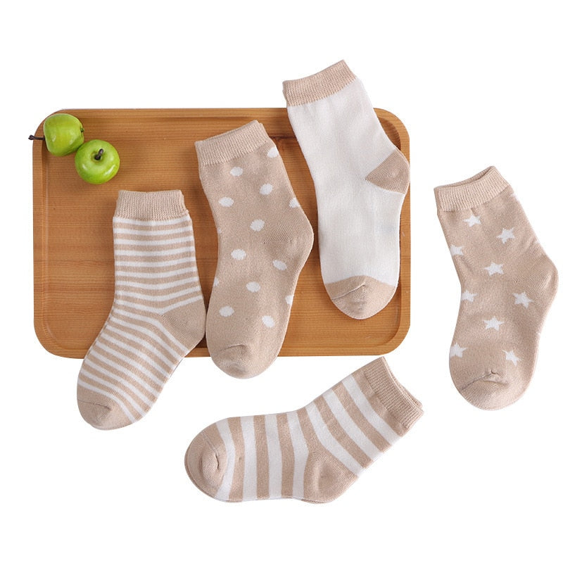 Kids Autumn Winter Cotton Socks 5 Pack Striped Cartoon Soft Warm Cosy Selection