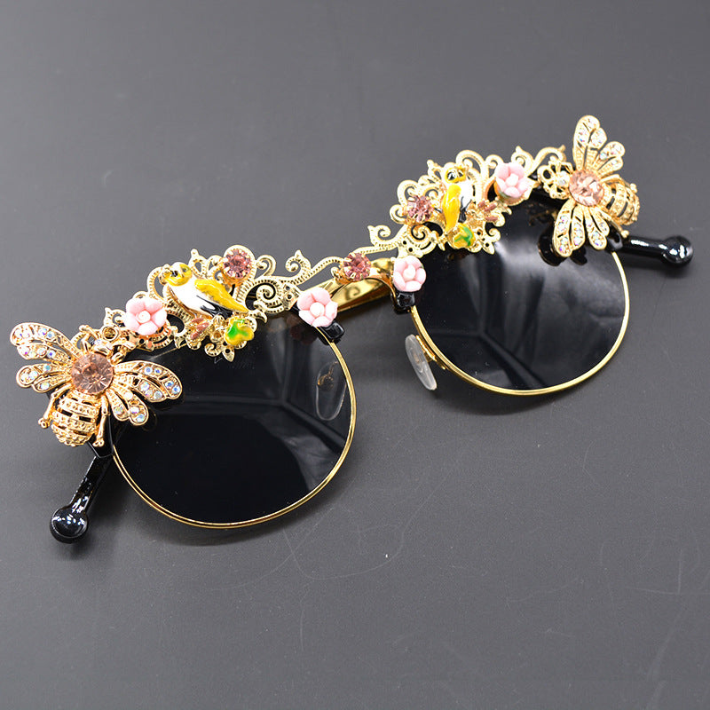Women's Floral Diamond Inlaid Metal Frame Sunglasses UV Protection Stylish Eyewear