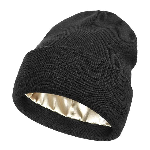 Satin Lined Beanie Hat for Women & Men, Warm Winter Cap, Silk-Lined Knit