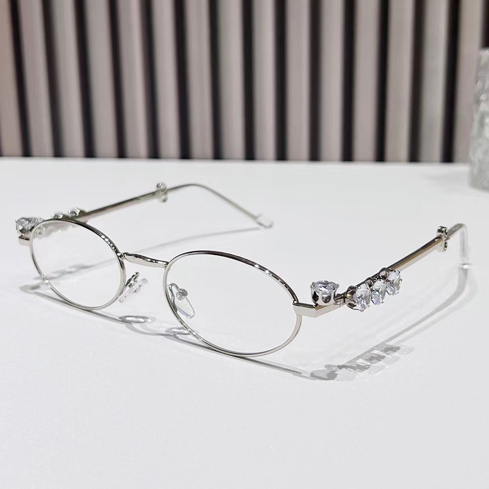 Women's Oval Frame Anti-Blue Light Glasses with Metal Inlay and Rhinestone Detail