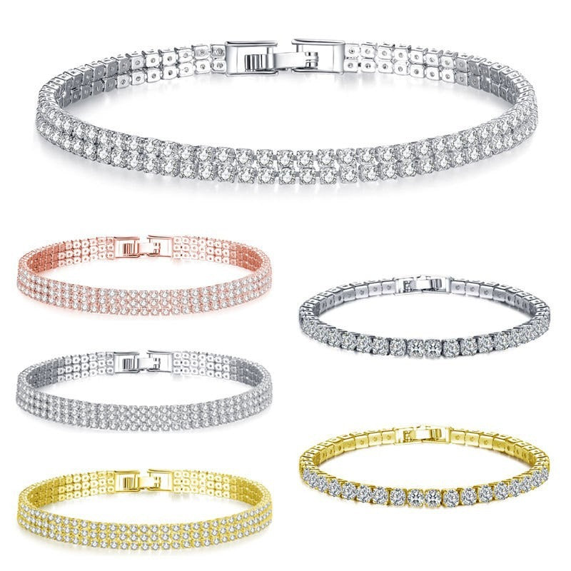 Gold Plated Copper Bracelet Triple Row CZ Crystals 18cm Luxurious Elegant Style