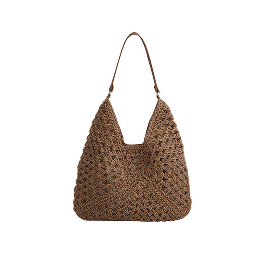 Straw Woven Shoulder Bag Armpit Style Hollow Out Single Strap Medium Purse Handbag