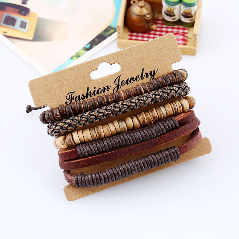 Men's Retro Cowhide Coconut Shell Wooden Bead Bracelet Set Adjustable Woven