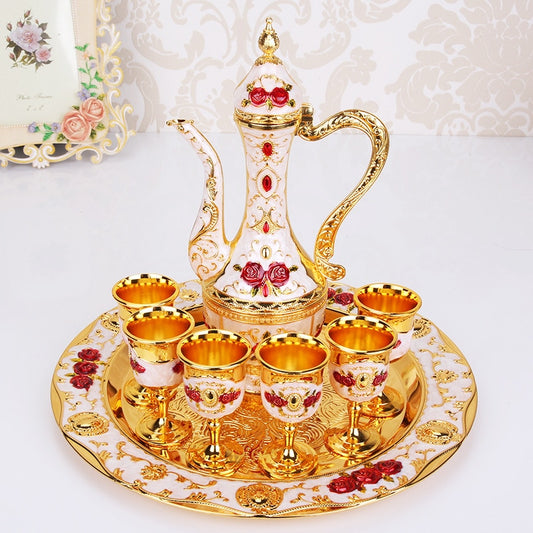 Retro Palace Wine Set Zinc Alloy Gold and Silver Plated 8-Piece Gift Set with Tray