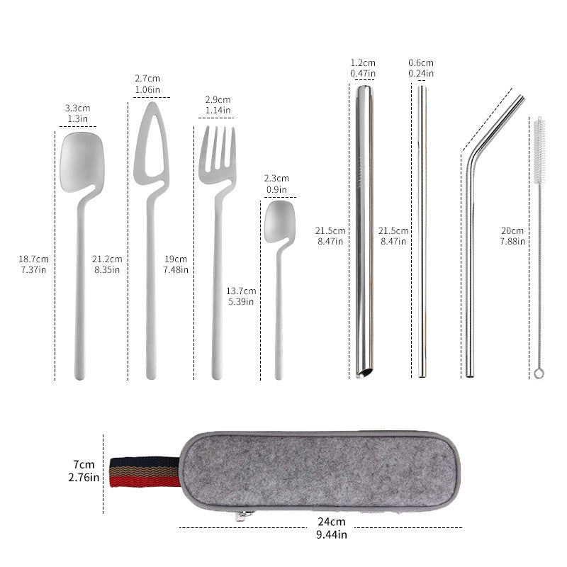 304 Stainless Steel Reusable Travel Utensil Cutlery Set Portable Straw Kit Case
