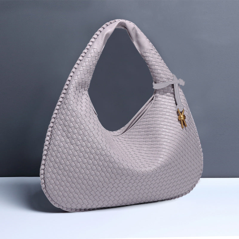 Large Women's Crescent Woven Handbag Zip Closure Daily Use Bag