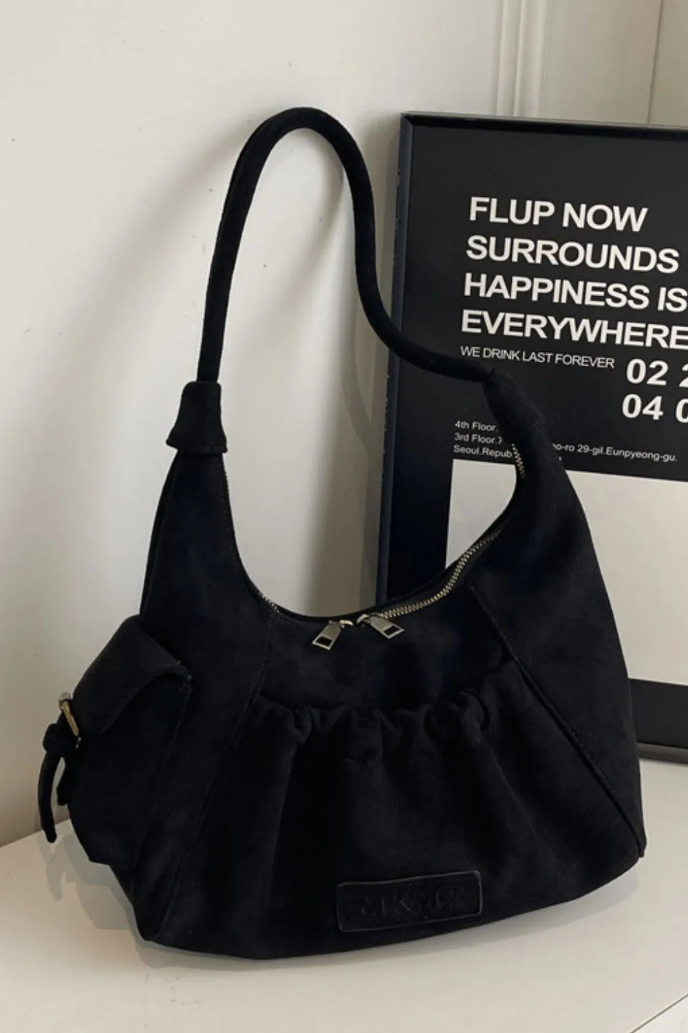 Suede Ruched Handbag Zipper Closure Elegant Evening Purse Spacious Accessory Storage