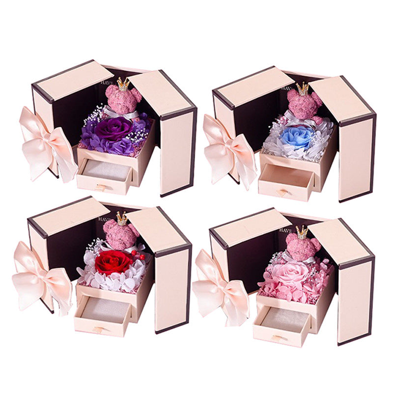 Eternal Rose Bear Double Door Flower Gift Box Luxurious Jewellery Keeper