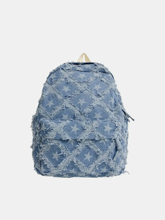 Star Denim Backpack Distressed Frayed Edge Casual Medium School Rucksack Bag
