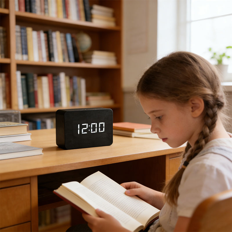 Voice-Controlled Wooden LED Desk Clock USB Battery Date Temperature Features