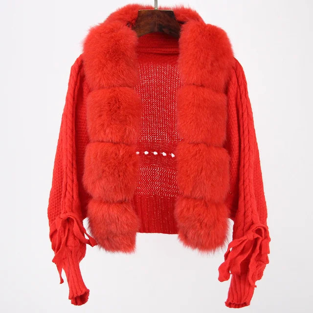 Women's Knitted Premium Faux Fur Coat V Neck Patchworks Full Sleeve Winter Jacket