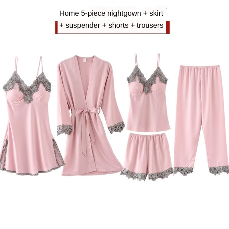 Women's 5-Piece Silk Pajama Set Elegant Lace Trim Sleepwear Nightwear Robe Lounge