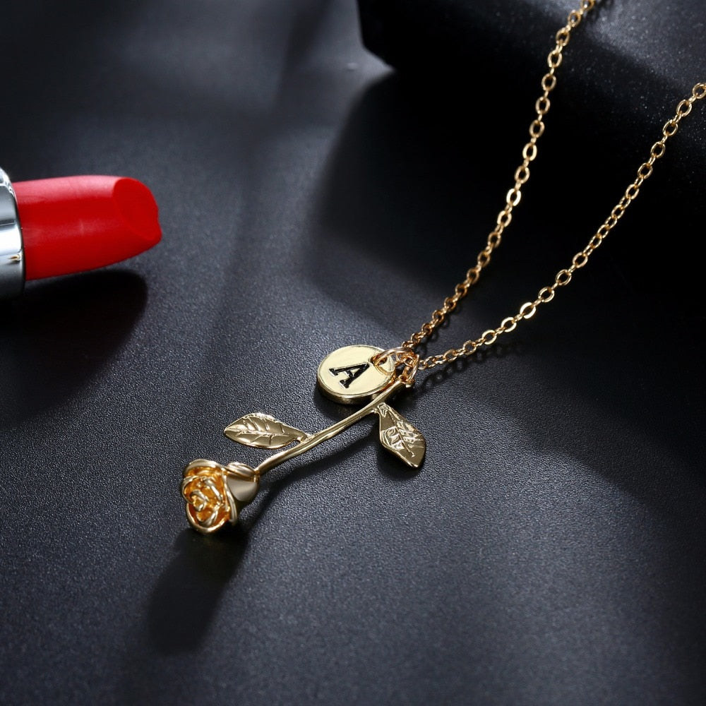 Rose Gold Silver 26 Letter A-Z Dangle Rose Pendant Necklace Birthday Gift