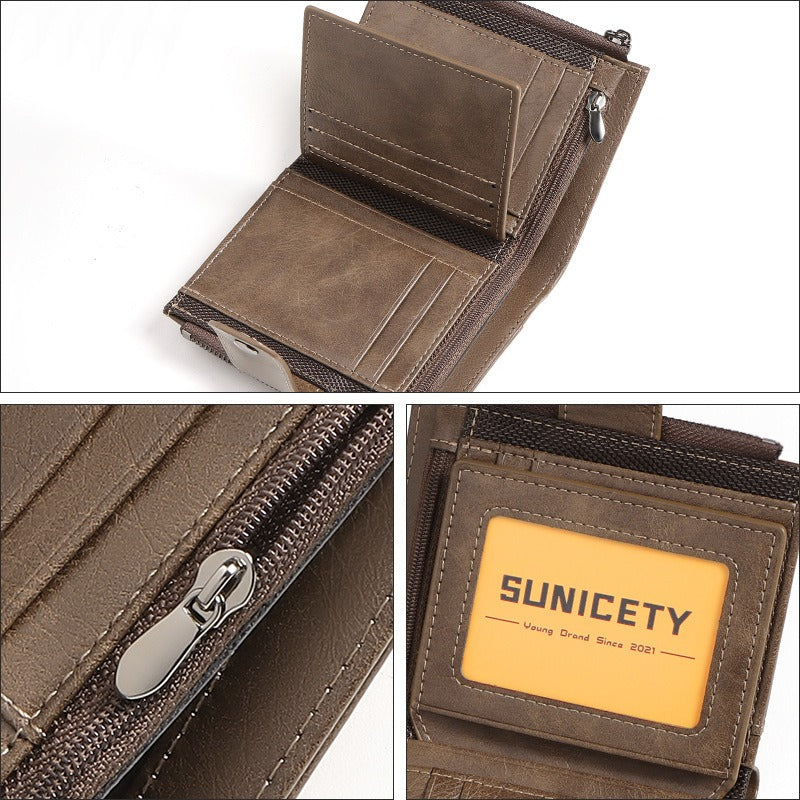 Men's Slim RFID Blocking Wallet Secure Zip Coin Pocket Faux Leather Anti-Theft