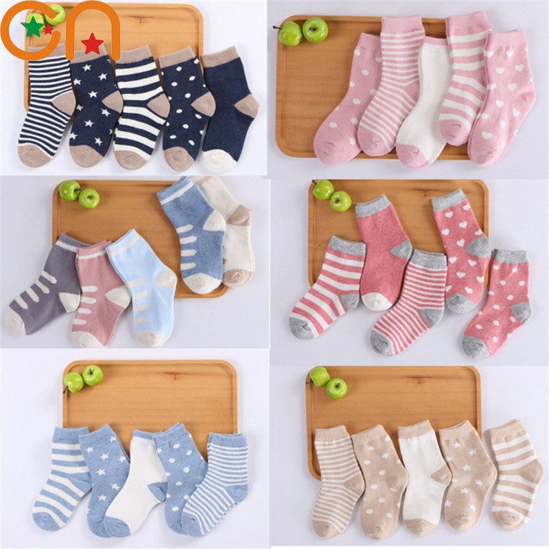 Kids Autumn Winter Cotton Socks 5 Pack Striped Cartoon Soft Warm Cosy Selection