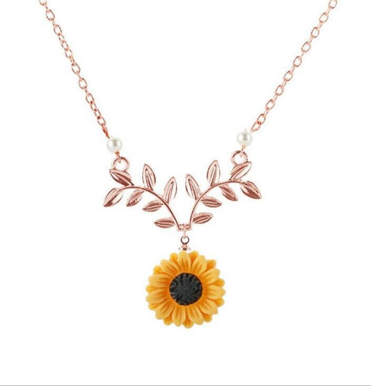 Silver Rose Gold Sunflower Floral Necklace Pearls Chain Jewellery Women