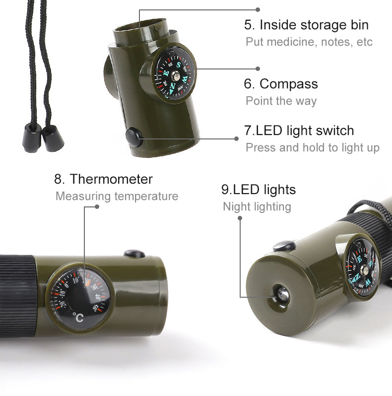 7-in-1 Survival Whistle LED Light Compass Thermometer Outdoor Emergency Gear