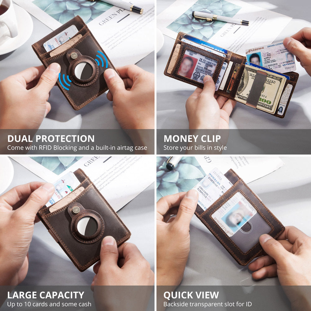 Men's Leather Wallet RFID Blocking Slim For Airtag Slot Secure Credit Card Holder