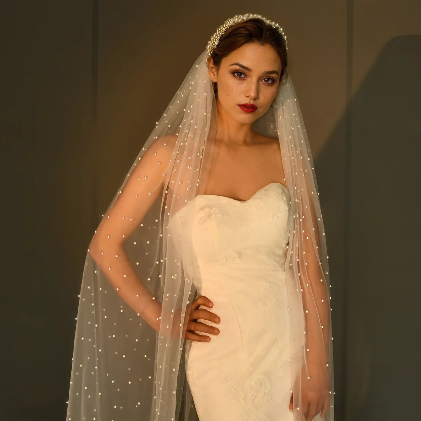 Cathedral Wedding Veil Premium Pearl Embellishments Elegant Bridal Accessory